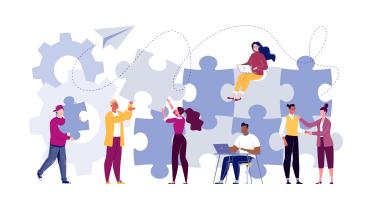 Team building concept. Business team metaphor. Business partners or company employees work together on a project. Young people put together puzzle pieces. Illustration.